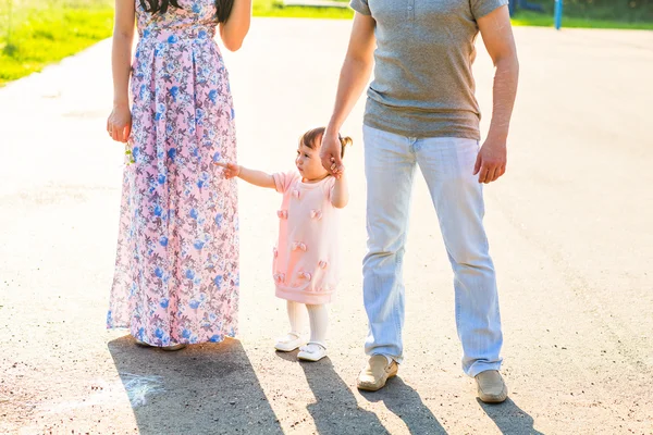 Glad ung familj promenader i parken. — Stockfoto