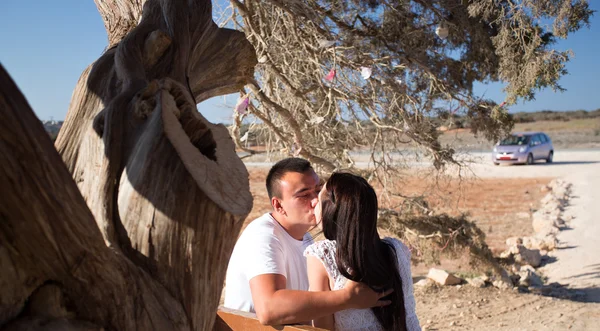 Jovem casal beijando debaixo da árvore — Fotografia de Stock