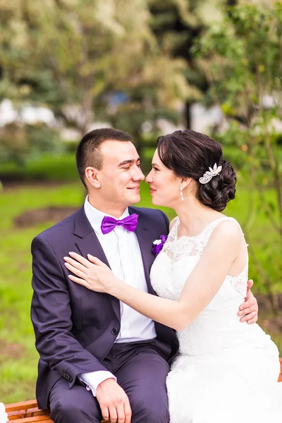 Novia y novio en el día de la boda caminando al aire libre en la naturaleza de otoño . — Foto de Stock