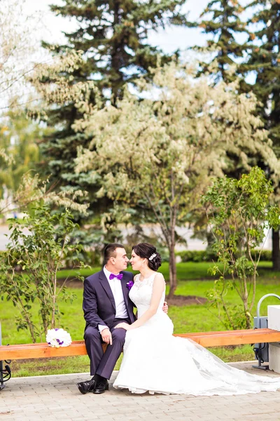 Novia y novio en el día de la boda caminando al aire libre en la naturaleza de otoño . — Foto de Stock