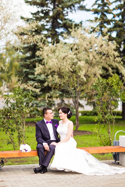 Braut und Bräutigam am Hochzeitstag beim Wandern in der herbstlichen Natur. — Stockfoto