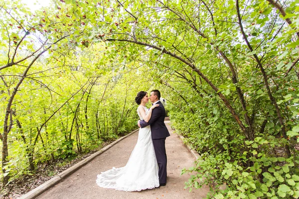 Noiva e noivo no dia do casamento caminhando ao ar livre na natureza outono . — Fotografia de Stock