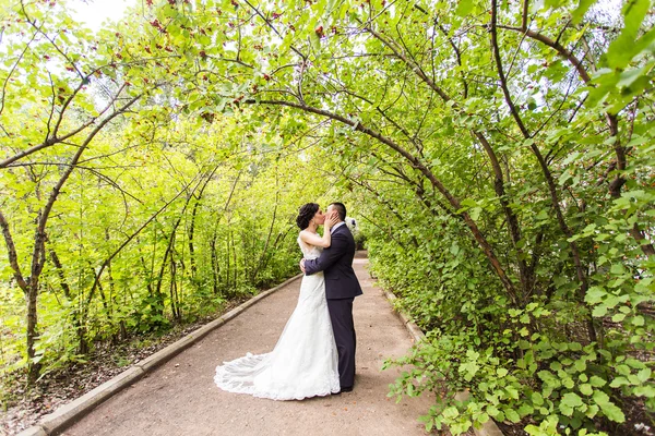 신부와 신랑 결혼식 날이을 자연에 야외 산책에서. — 스톡 사진