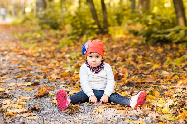 Menina bebê feliz brincando com folhas outonais — Fotografia de Stock