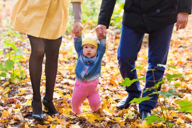 Genç aile bebek ile sonbahar Parkta yürümek için