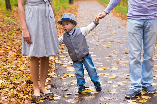 Familia joven para dar un paseo en el parque de otoño con el bebé — Foto de Stock