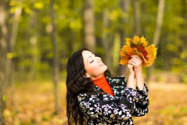 Sevimli kız tutan eller sarı akçaağaç yaprakları