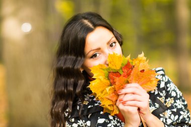 Sevimli kız tutan eller sarı akçaağaç yaprakları