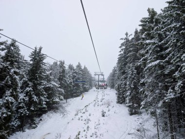 Kayak asansörü, dağ yamacında görünen kayak izleri olan karla kaplı ormandaki yolcuları taşıyor. Kış turizmi, açık hava sporları yaşam tarzı, soğuk mevsim seyahati ve Alp gezisi deneyimi
