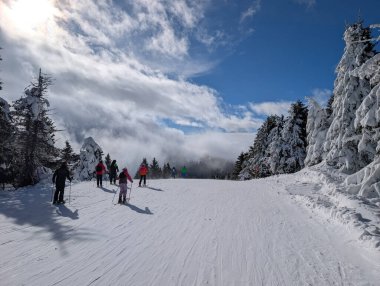 Karlı yamaçlarda, dramatik gökyüzü ve bulutların altında duran kayakçılar. Grup aktivitesi, kış tatili ve hareketli, manzaralı ve mevsimsel dağ sporlarıyla sosyal boş zaman.