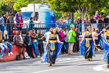 Tenerife, 17 Şubat: Karnaval grupları ve kostümlü karakterler, şehrin sokaklarında geçit töreni. 17 Şubat 2015, Tenerife, Kanarya Adaları, İspanya