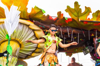 Tenerife, 17 Şubat: Karnaval grupları ve kostümlü karakterler, şehrin sokaklarında geçit töreni. 17 Şubat 2015, Tenerife, Kanarya Adaları, İspanya