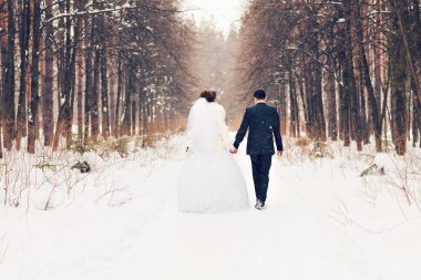 Gelin ve damat kış ormanda