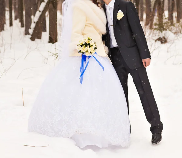 Bruden och brudgummen i vinter skogen — Stockfoto