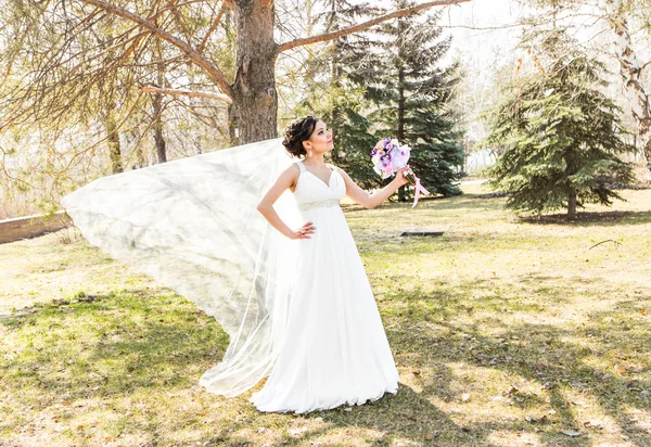 Junge brünette Braut im Park auf die Natur mit einem fließenden Schleier. — Stockfoto