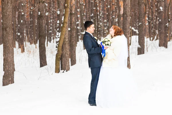 Noiva e noivo nas florestas de inverno — Fotografia de Stock