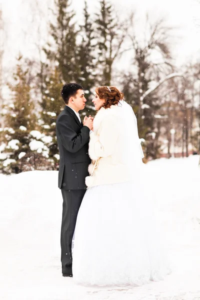 Noiva e noivo no parque de inverno — Fotografia de Stock