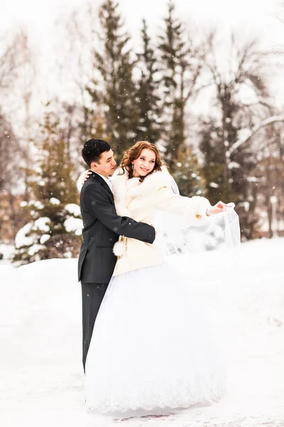 Mariée et marié dans le parc d'hiver — Photo