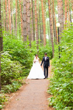 Genç Düğün çifti birlikte parkta yürüyüş