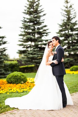 Genç Düğün çifti birlikte parkta yürüyüş