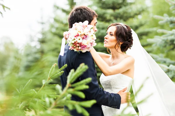 公園で一緒に歩いて若い結婚式のカップル — ストック写真