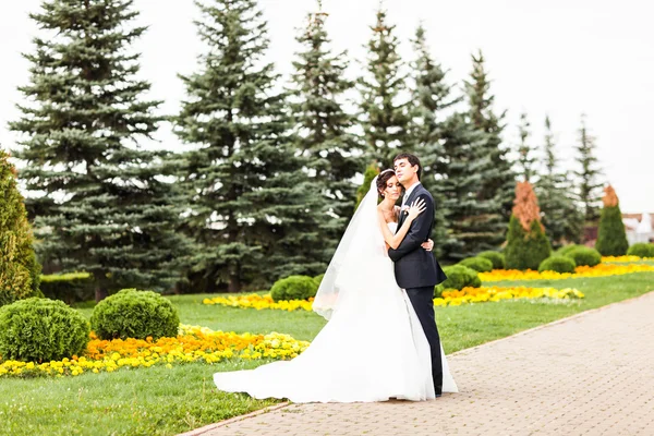 Jeune couple de mariage marchant ensemble au parc — Photo