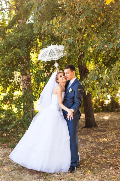 Pareja casada sosteniendo paraguas blanco — Foto de Stock