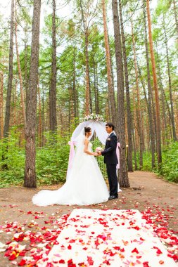 Güzel çift ayakta düğün arch yakınındaki evli