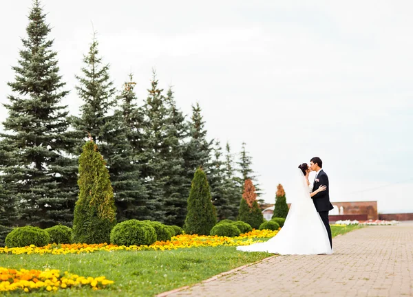 Bräutigam und Braut in einem Park. Brautkleid. Brautstrauß aus Blumen — Stockfoto