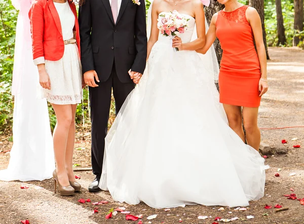 Bräutigam und Braut mit Brautjungfern — Stockfoto