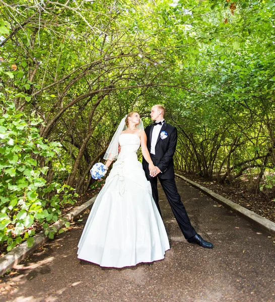 Noiva elegante e noivo posando juntos ao ar livre em um dia de casamento — Fotografia de Stock