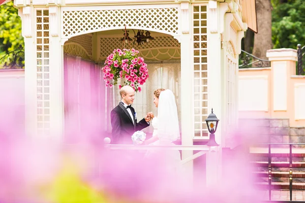 Bruid en bruidegom in de gazebo — Stockfoto