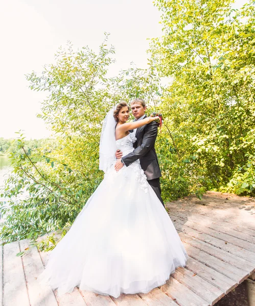 Giovane coppia di sposi, bella sposa con ritratto di sposo sul ponte — Foto Stock