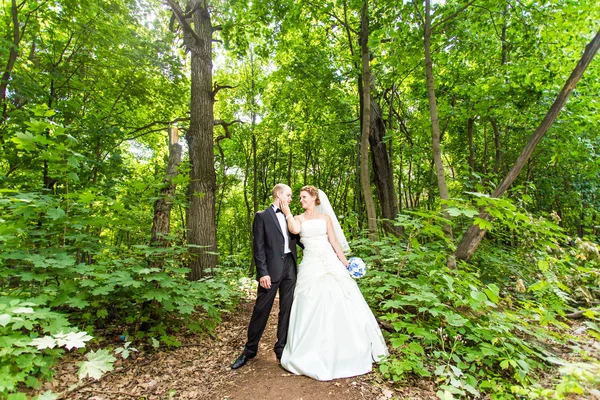 Casal de casamento romântico se divertindo juntos ao ar livre na natureza — Fotografia de Stock