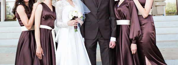 Handsome groom in suit hugging elegant bride with bridesmaids — Stock Photo, Image