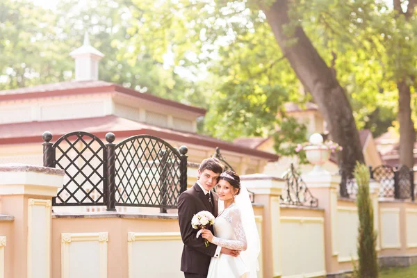 公園で一緒に歩いて若い結婚式のカップル — ストック写真