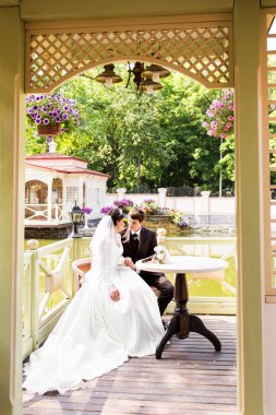 Gelin ve damat onların düğün günü romantik bir an olması.