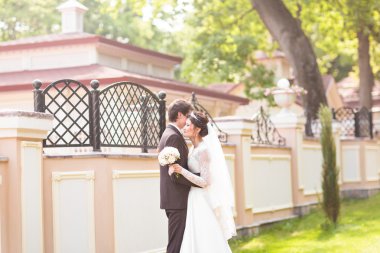 Gelin ve damat onların düğün günü romantik bir an olması.