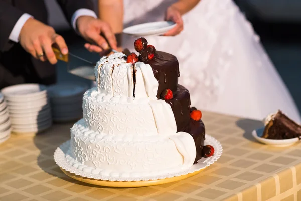 Sposa e sposo sta tagliando la loro torta nuziale — Foto Stock