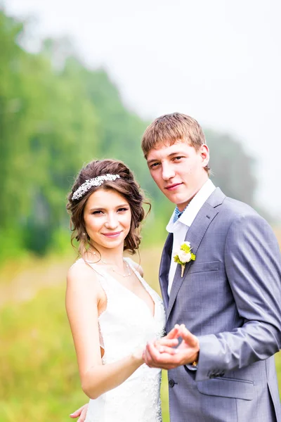 Stilvoll schöne glückliche Braut und Bräutigam auf der Wiese — Stockfoto