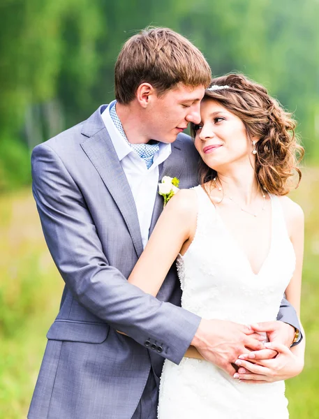 Giovane coppia di nozze, bella sposa con ritratto di sposo, natura estiva all'aperto — Foto Stock