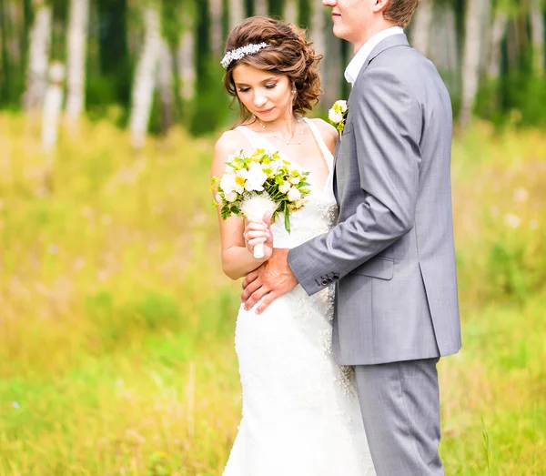 Jovem lindo casamento casal abraçando em um campo com grama . — Fotografia de Stock