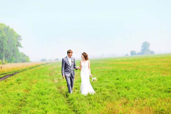 Joven pareja de boda, hermosa novia con retrato de novio, naturaleza de verano al aire libre —  Fotos de Stock