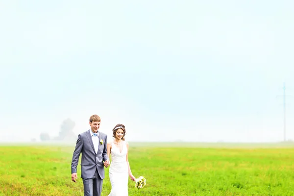 Feliz hermosa novia y novio caminando en el campo —  Fotos de Stock