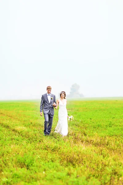 Jeune couple de mariage, belle mariée avec marié portrait, été nature en plein air — Photo