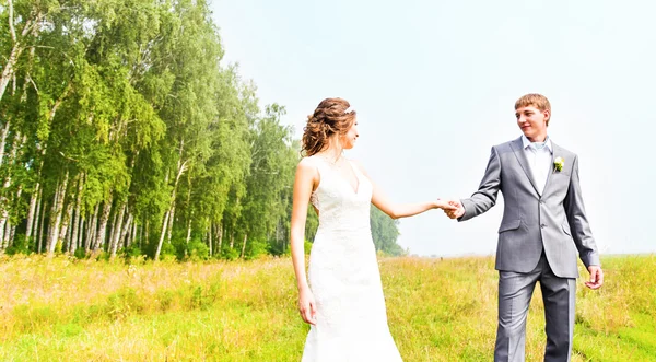 Feliz hermosa novia y novio caminando en el campo — Foto de Stock