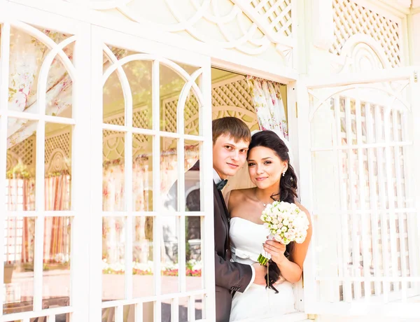 Feliz sorrir recém-casados se divertindo e beijando ao ar livre em seu dia do casamento . — Fotografia de Stock