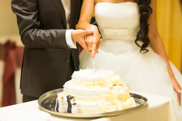 Gâteau de mariage avec des figurines de pingouins — Photo