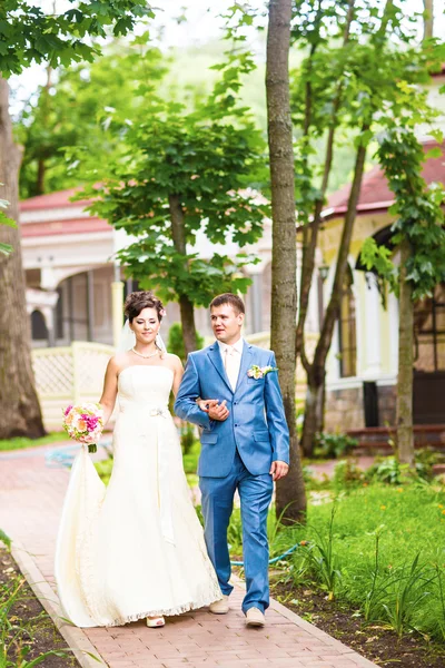 Young wedding couple walking in the park. — Stock Photo, Image