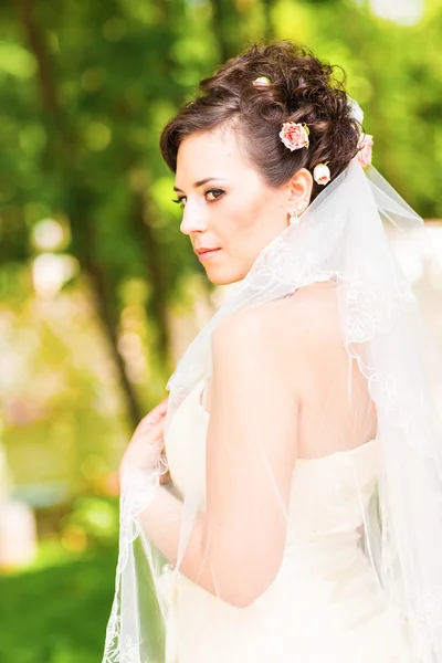 Hermosa novia con peinado de boda de moda — Foto de Stock